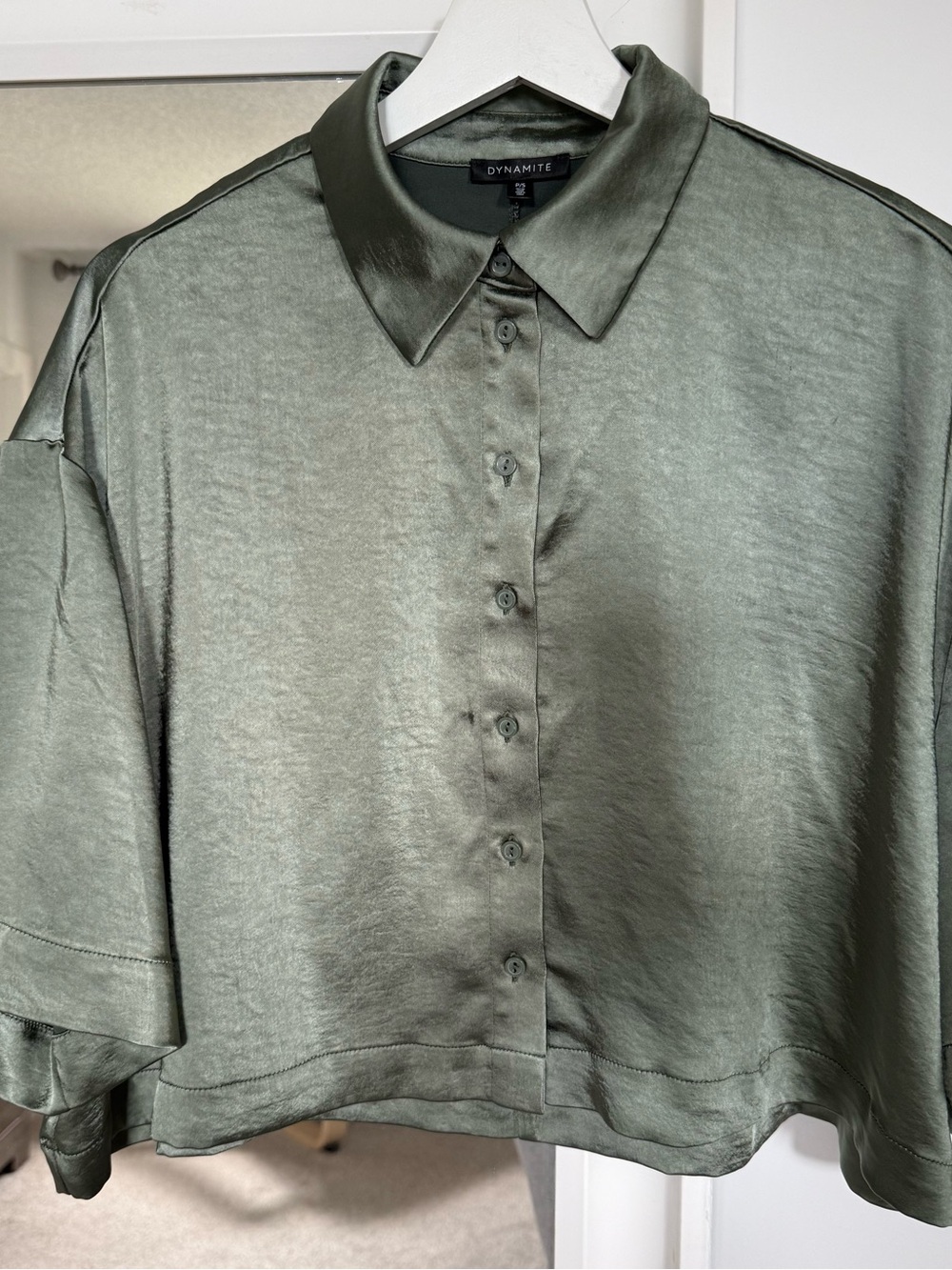 Dynamite Satin Olive-Gray Button Front Crop Shirt